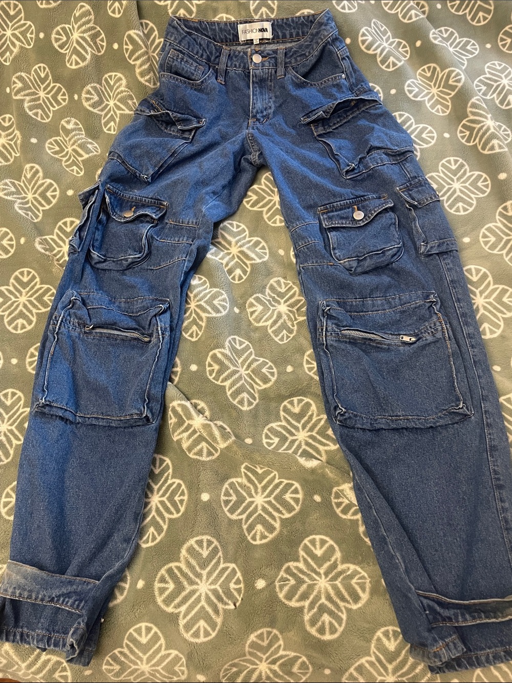 Fashion Nova Billie low slung Dark Blue Denim Wide Leg Cargo Jeans